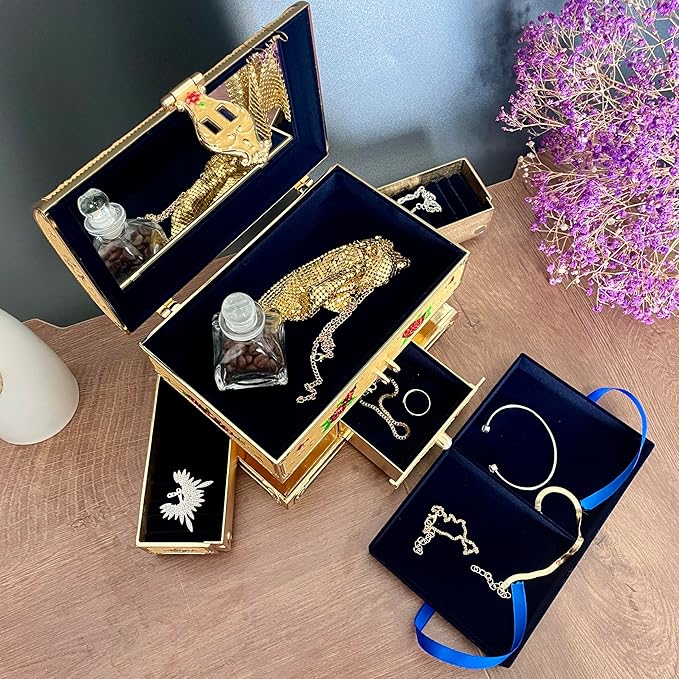 Retro Jewelry Box Arched Vintage Rectangular Metal Chest Necklace Ring Earrings Storage Case for Women Girls (Golden Starlight Yellow, XL Lock)