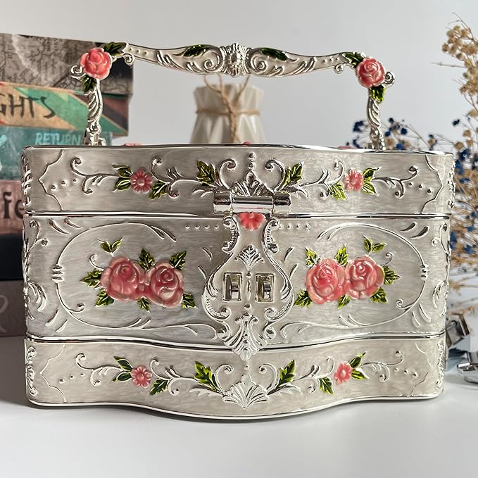 Truewon Jewelry Chest Rose Pastoral Style Metal Box Trinket Vintage Trinket Gemstone Storage Tray Treasure Souvenir Gift Case for Girls Women (White Pink Golden, Double Extra Large Hand-held)
