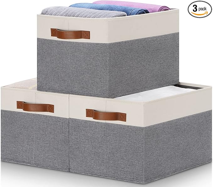 Large Fabric Storage Bins, Foldable Fabric Storage Baskets for Shelves, Sturdy Storage Boxes with PU Handles for Organizing Closet Home Bedroom Office (26L, 3 Packs, Grey&White)