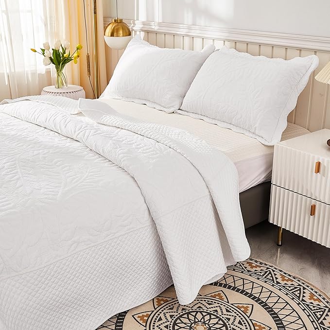 MarCielo 100% Cotton Quilt Set - 3-Piece Embroidered Farmhouse Bedspread & Shams, All-Season Breathable Bedding (Bright White,Queen)