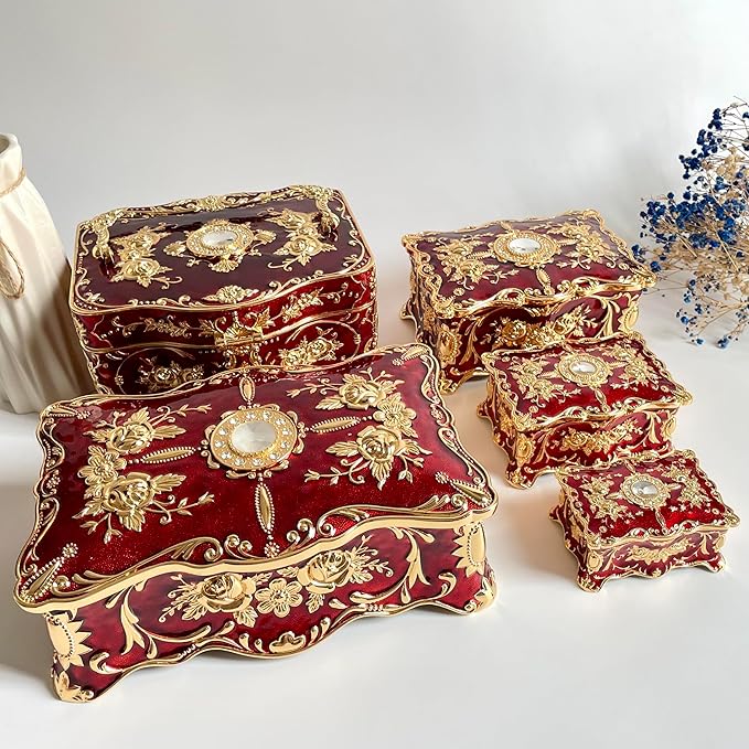 Truewon Jewelry Chest Rose Pastoral Style Metal Box Trinket Vintage Trinket Gemstone Storage Tray Treasure Souvenir Gift Case for Girls Women (Golden Red, Double Extra Large Hand-held)