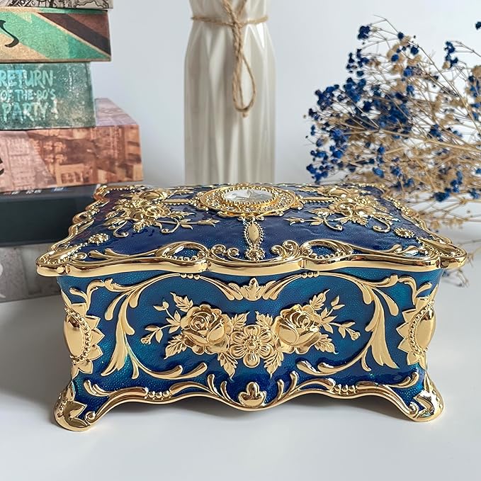 Truewon Jewelry Chest Rose Pastoral Style Metal Box Trinket Vintage Trinket Gemstone Storage Tray Treasure Souvenir Gift Case for Girls Women (Golden Blue, Large)
