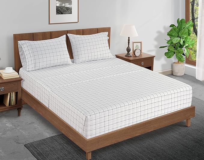 LANE LINEN Fitted Sheet King Size, 100% Organic Cotton, 3-Piece Set (1 Fitted Sheet,2 Pillowcases), Percale Weave, Ultra Soft, Breathable,Fits Mattress Upto 15" Deep - Windowpane(No Flat Sheet)