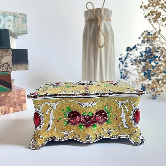 Truewon Jewelry Chest Rose Pastoral Style Metal Box Trinket Vintage Trinket Gemstone Storage Tray Treasure Souvenir Gift Case for Girls Women (Chrome Starshine Yellow, Medium)