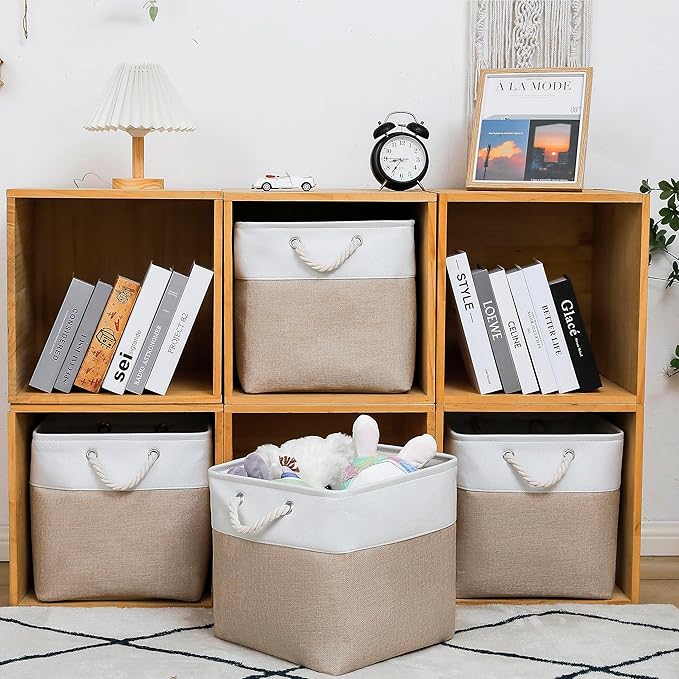 13 x 13 Inch Cube Storage Bins, 4 Pack Large Collapsible Fabric Storage Bin with Ropes, Foldable Storage Cubes for Home, Office,Closet, Clothes, Toys Organizer (White & Beige)