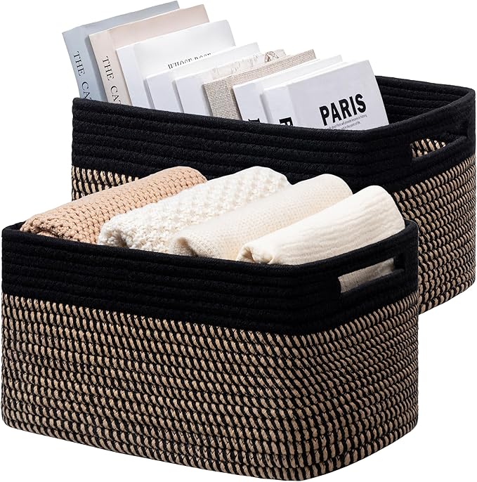 UBBCARE 2 Pack Storage Basket for Shelves, Woven Baskets for Organizing, Durable Organizer Baskets Storage Bins for Bookshelf, Toys, Towels, Clothes, 13''Lx9''Wx7.5''H, Black&Brown