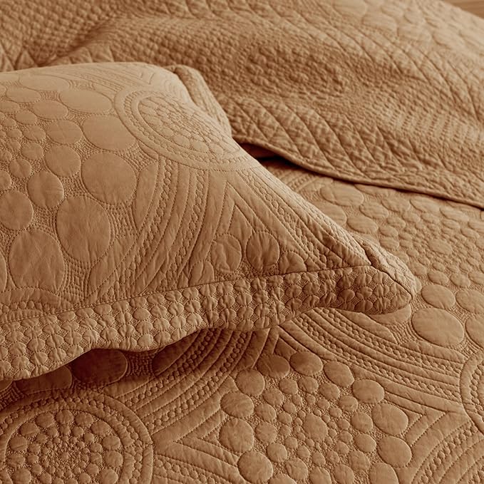 MarCielo 3-Piece 100% Cotton Oversized Bedspread Lightweight Quilt Coverlet Embroidery Farmhouse Bedding Set (Tf Dusty Orange, Oversized King (118"x106"))