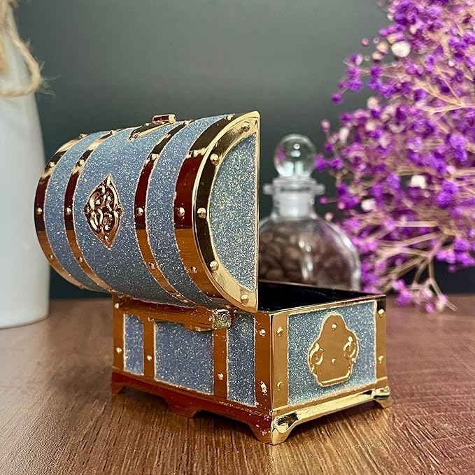 Retro Jewelry Box Arched Vintage Rectangular Metal Chest Necklace Ring Earrings Storage Case for Women Girls (Golden Starlight Blue-purple, S)