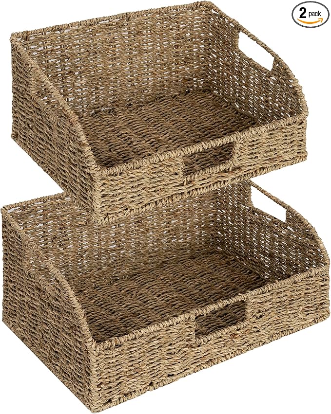 StorageWorks Pantry Baskets for Organizing, Seagrass Storage Baskets for Shelves with Built-in Handles, Pantry Organizers and Storage, Set of 2 (Large and Medium)