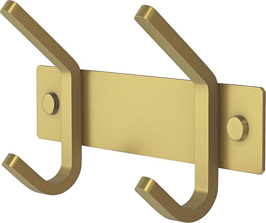 Brushed Gold Small Coat Rack Wall Mount – 6 Inch Stainless Steel Rail with 2 Double Coat Hooks for Entryway, Bathroom, Bedroom, Kitchen – Modern Gold Hook Rack for Coats, Hats, Towels