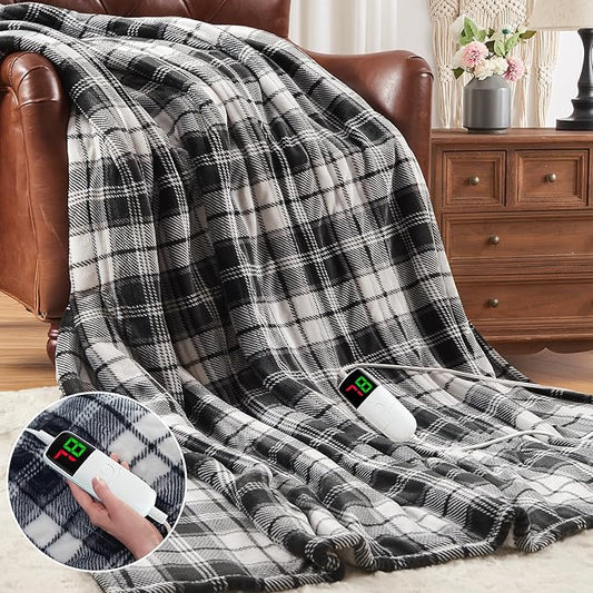 Black Heated Blanket Electric Twin Size,62X84 Heating Blanket with 10 Heats Levels&8 Hours Auto Off&Timer,Plaid Soft Sherpa Black Blankets Warmer Gift for Grandma Women Adult,Fast Heating Washable
