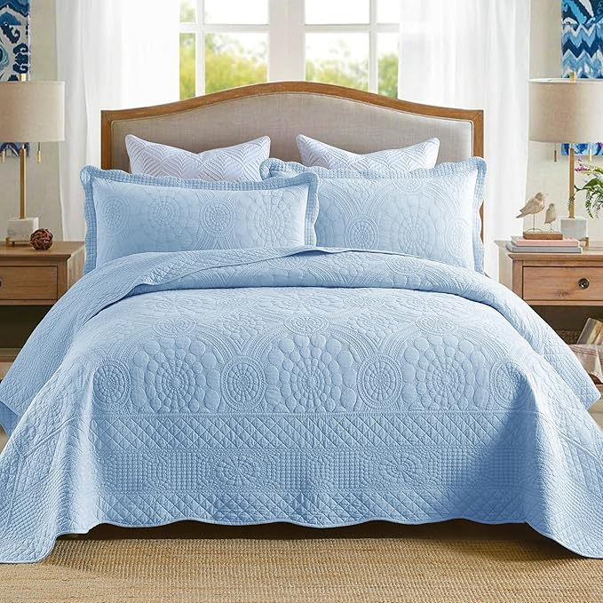 MarCielo 3-Piece 100% Cotton Oversized Bedspread Lightweight Quilt Coverlet Embroidery Farmhouse Bedding Set (Tf Light Blue, Oversized King (118"x106"))