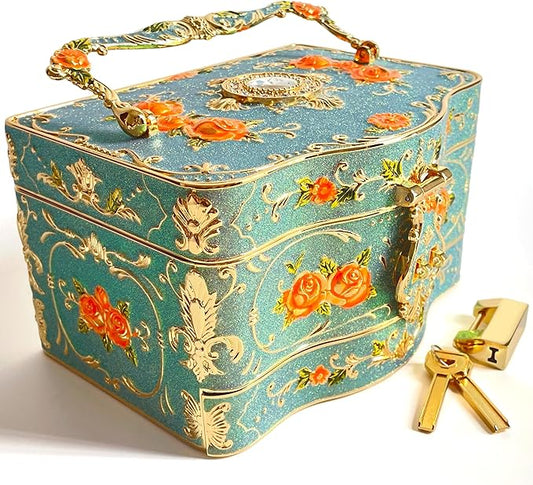 Jewelry Chest Rose Pastoral Style Metal Box Trinket Vintage Trinket Gemstone Storage Tray Treasure Souvenir Gift Case for Girls Women (Golden Starshine Bluish Violet, Double Extra Large Hand-held)