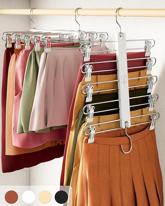 MORALVE Skirt Hangers Space Saving with Clips - 2 Pack - European Beechwood 5-Tier Hanger for Shorts, Skirts, and Pants - Closet Organizer and Storage Solution for Women with 360° Swivel Hook