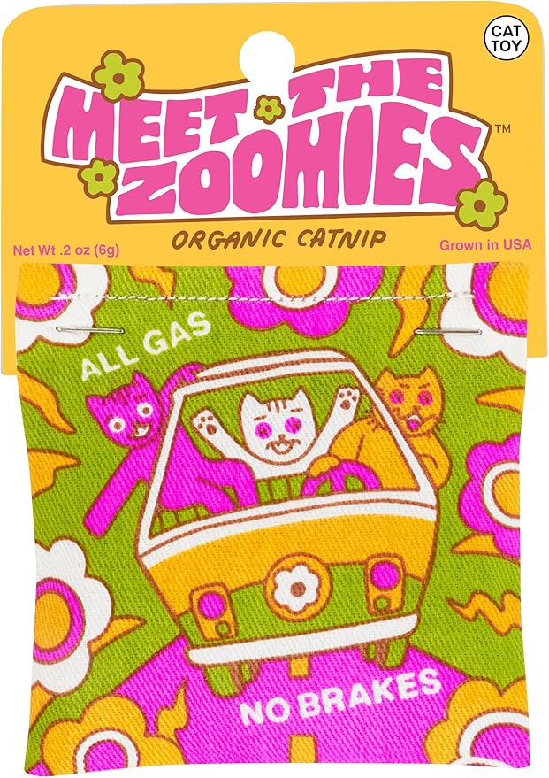 Blue Q Meet The Zoomies Catnip Toys - Durable Cat Toys for Biting, Premium USA-Grown Organic Catnip, Pet Supplies, 100% Silk-Screened Cotton Pouch w/Funny Kitty Graphics, Cat Birthday Gift