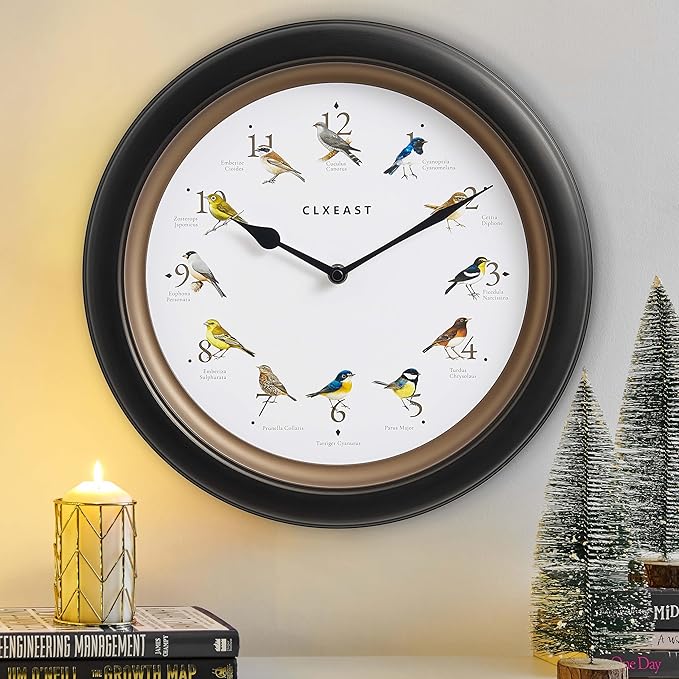 CLXEAST 13.3 Inch Singing Bird Wall Clock with Original 12 Native Recordings Sounds,Auto Night Silence,Gift for Bird Lovers,Oil Rubbed Bronze Black Finish,House Warming Gifts New Home