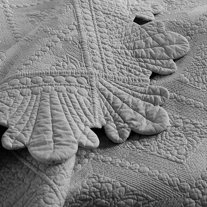 MarCielo 3-Piece 100% Cotton Oversized Bedspread Lightweight Quilt Coverlet Embroidery Farmhouse Bedding Set (Tk Light Grey, Oversized King (118"x106"))