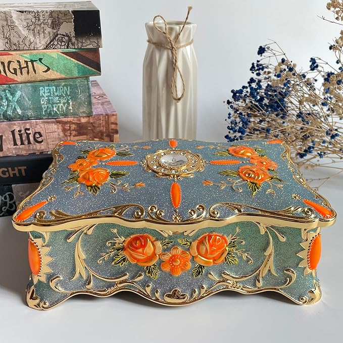 Truewon Jewelry Chest Rose Pastoral Style Metal Box Trinket Vintage Trinket Gemstone Storage Tray Treasure Souvenir Gift Case for Girls Women (Golden Starshine Bluish Violet, Extra Large)