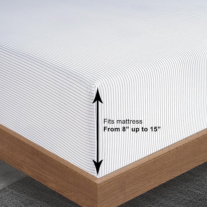 LANE LINEN Twin XL Fitted Sheet, 100% Organic Cotton 2-Piece Set (1 Fitted Sheet, 1 Pillowcase), Percale Weave, Bottom Sheet, Breathable, Fits Mattress Upto 15" Deep - Ticking Stripe (No Flat Sheet)