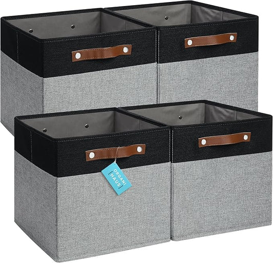 OrganiHaus 12x12 Fabric Storage Bins - Set of 4, Cube Fabric Organizer Bins with Vegan Handles, Kallax Storage Cubes, Cubbies Organizer Boxes, 12Inch Cubic Baskets for Shelves - Grey/Black