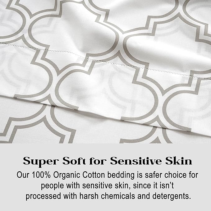 Lane Linen 100% Organic Cotton Twin Fitted Sheet, 2-Piece Set (1 Fitted Sheet, 1 Pillowcase), Percale Weave, Lightweight, Soft, Breathable, Fits Mattress Upto 15' Deep - Trellis Silver (No Flat Sheet)