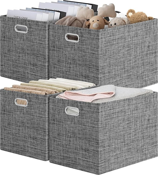 Posprica 15.12"x12.13"x12.01" Storage Cube Bins, Linen Decorative Closet Storage Organizer for IKEA Kallax, 4 Pack Fabric Foldable Large Storage Baskets for Closet, Shelves, Clothes, Toy (Black)