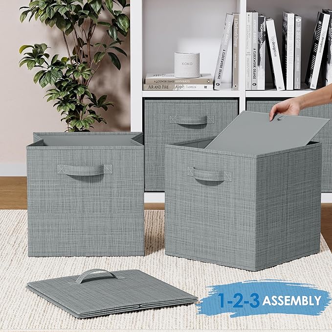 NEATERIZE Fabric Storage Cubes for Cube Organizer - 6 Pack Heavy Duty Grey Storage Bins - 13 Inch Cube Storage Bin, Use As A Clothes Storage Box, Baskets For Shelves or Cubbies Storage bins