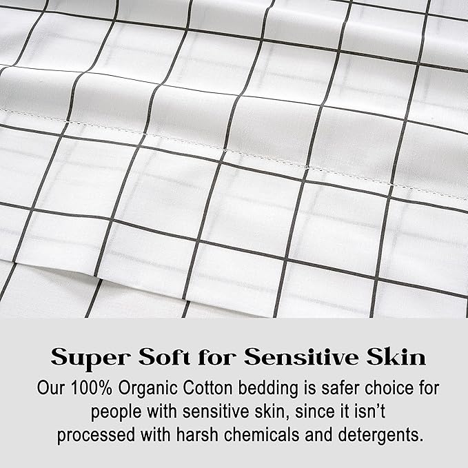 LANE LINEN Fitted Sheet King Size, 100% Organic Cotton, 3-Piece Set (1 Fitted Sheet,2 Pillowcases), Percale Weave, Ultra Soft, Breathable,Fits Mattress Upto 15" Deep - Windowpane(No Flat Sheet)