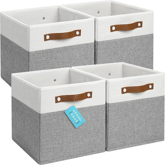 OrganiHaus 11x11 Fabric Cubes Storage Bins Set of 4, Foldable Collapsible Fabric Storage Bins for Organizer, Cubbies Organizer for Kallax, Linen Cube Shelf Baskets, Toy Organizing boxes - Grey/White