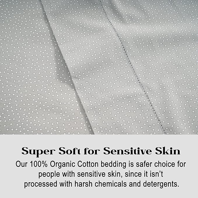 LANE LINEN Twin Fitted Sheets, 100% Organic Cotton 2-Piece Set (1 Fitted Sheet, 1 Pillowcase), Percale Weave, Soft, Breathable, Fits Mattress Upto 15' Deep - Grey (White Dot)(No Flat Sheet)