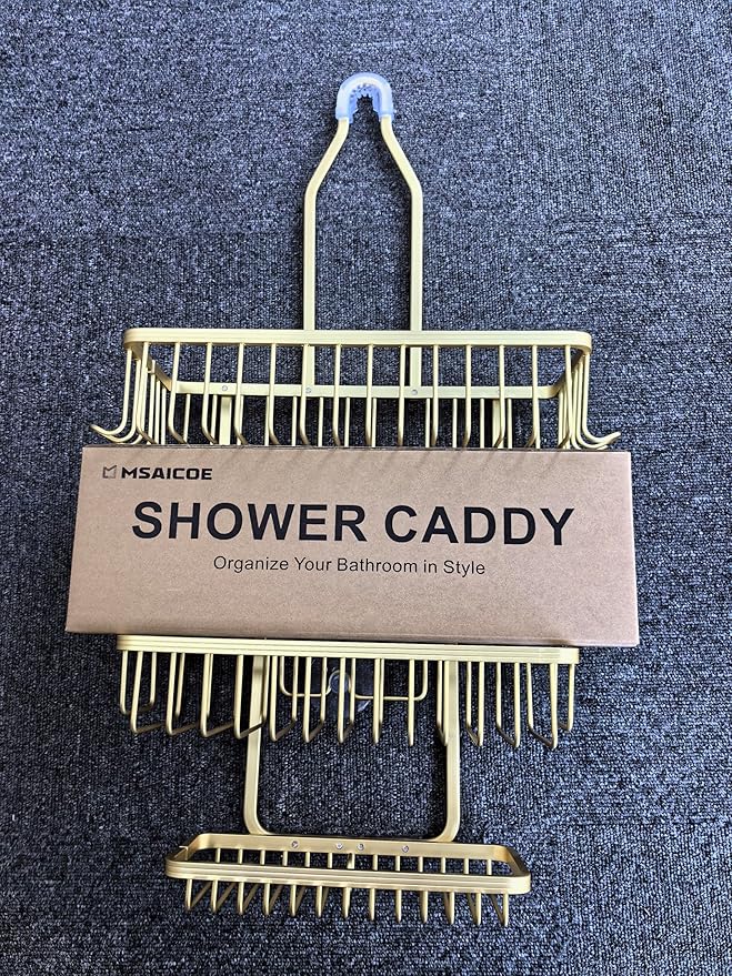 Shower Caddy Hanging - Never Rust Shower Hanging Organizer - Aluminum Over the ShowerHead Caddy with Soap Basket and 6 Razor/Sponge Hooks (Gold)