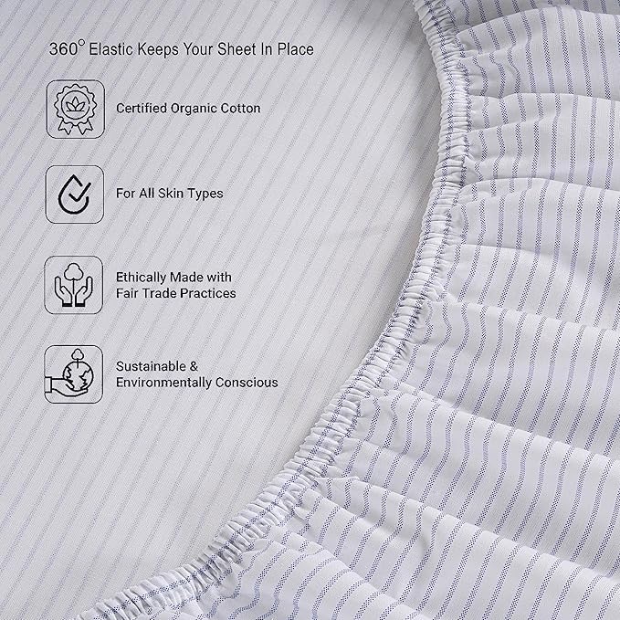 LANE LINEN Full Fitted Sheet, 100% Organic Cotton, 3-Piece Set (1 Fitted Sheet,2 Pillowcases), Percale Weave, Full Bed Bottom Sheet, Soft, Fits Mattress Upto 15" Deep -Ticking Stripe(No Flat Sheet)