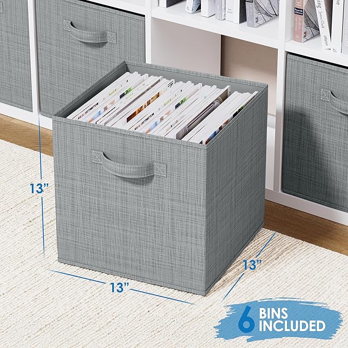 NEATERIZE Fabric Storage Cubes for Cube Organizer - 6 Pack Heavy Duty Grey Storage Bins - 13 Inch Cube Storage Bin, Use As A Clothes Storage Box, Baskets For Shelves or Cubbies Storage bins