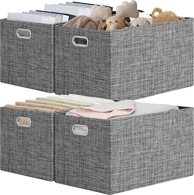 Posprica Closet Storage Bins, 4 Pack Large Closet Shelf Organizers, Linen Fabric Decorative Storage Baskets for Organizing, Foldable Storage Box for Clothes, Toy, 16.5x12x10.25 Inch (Black)