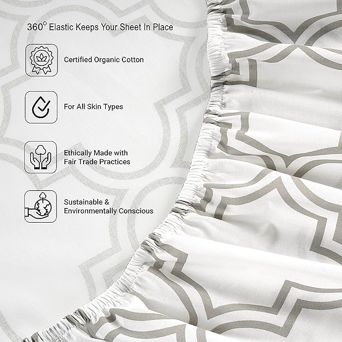 LANE LINEN Twin XL Fitted Sheet, 100% Organic Cotton 2-Piece Set (1 Fitted Sheet,1 Pillowcase),Percale Weave,Bottom Sheet, Soft, Breathable,Fits Mattress Upto 15" Deep - Trellis Silver(No Flat Sheet)